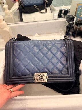CHANEL Quilted Boy Shoulder Bag in Navy Blue with Silver Hardware